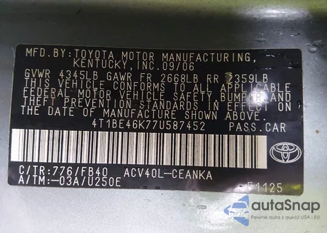 2007 Toyota Camry Le from USA, damaged, VIN 4T1BE46K77U587452
